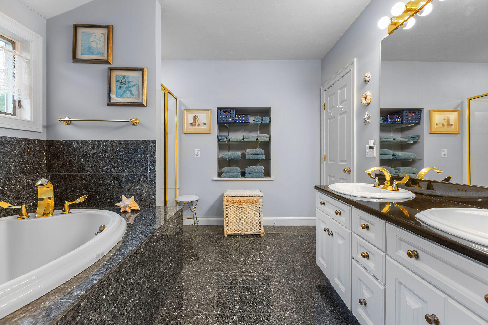 13 Hayfield Road East Dennis, MA 02641 - Photo 39 of 51 a bathroom with a granite countertop sink a large mirror and a bathtub