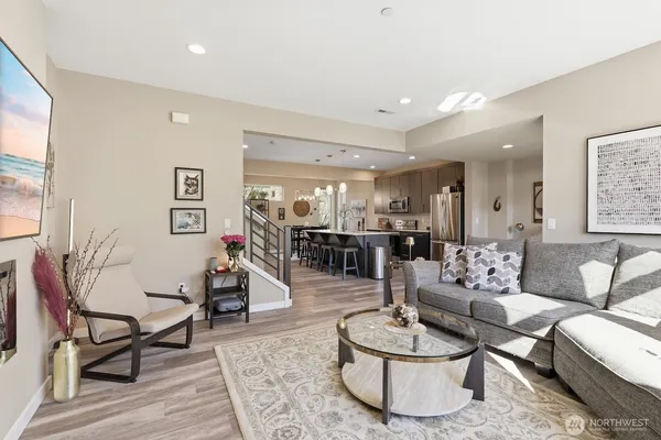 a living room with furniture and a table