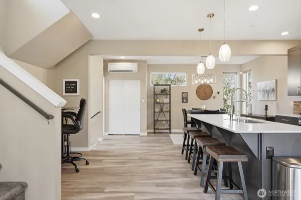 a view of a kitchen and dining room