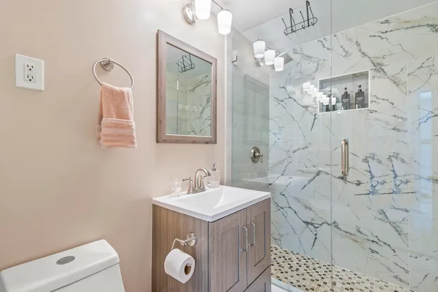 a bathroom with a sink vanity and toilet