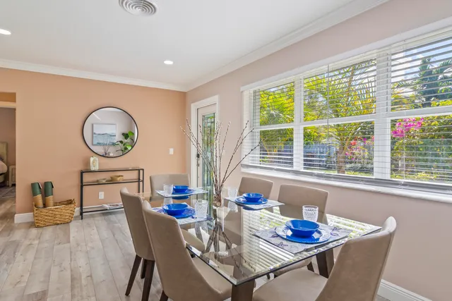 a view of a dining room with furniture window and outside view