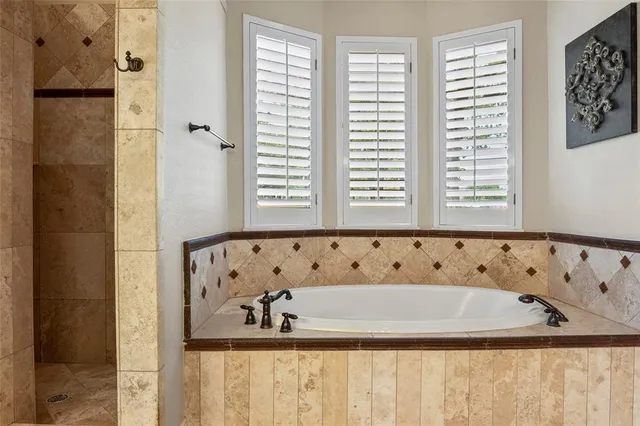 a bathroom with a bathtub and a shower