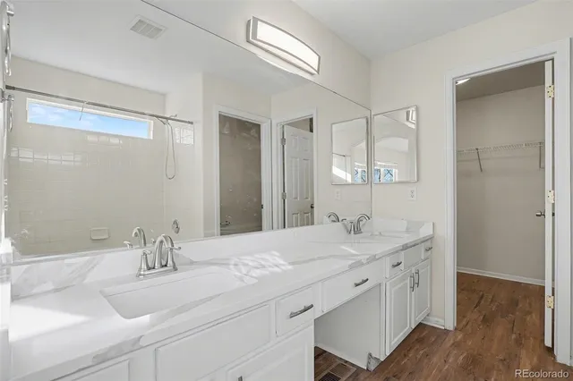 a bathroom with a sink double vanity and a mirror