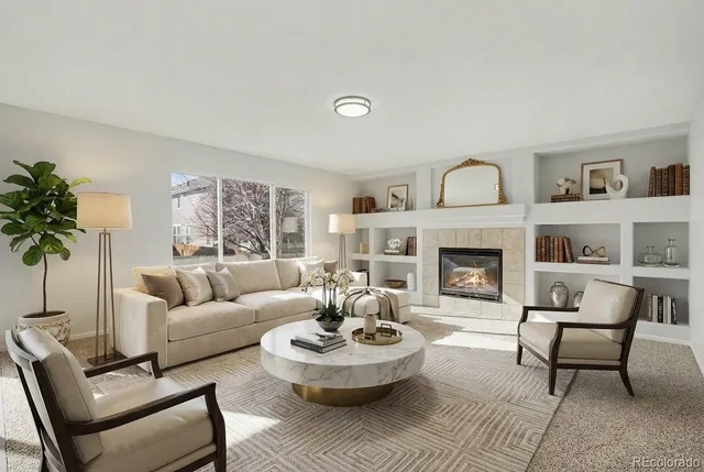a living room with furniture and a fireplace