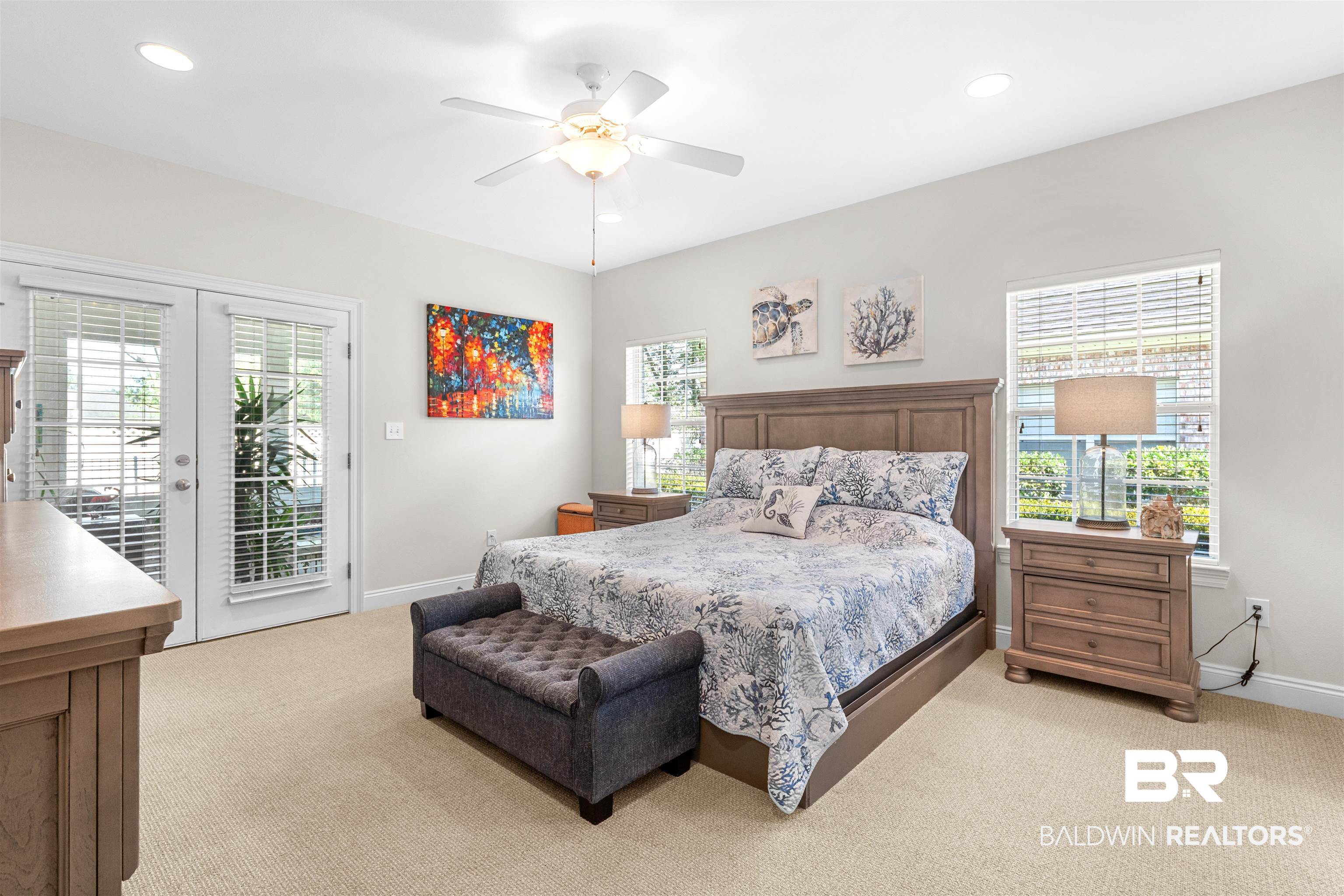 141 Mark Twain Loop Foley, AL 36535 - Photo 15 of 55 Bedroom with light carpet, access to outside, multiple windows, and recessed lighting