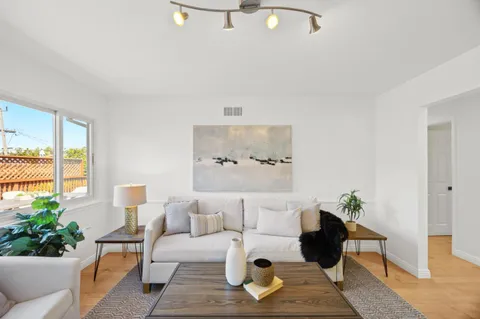 a living room with furniture and a potted plant