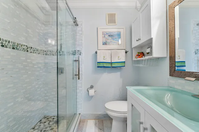 a bathroom with a sink a toilet and shower