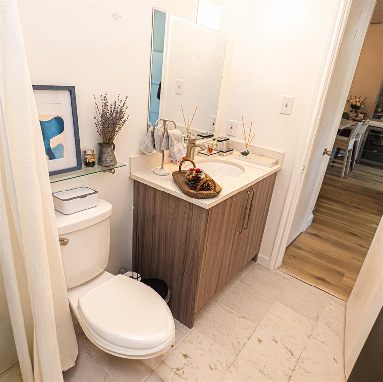 5310 Keller Springs Road, Unit 711 Dallas, TX 75248 - Photo 17 of 20 a bathroom with a sink a toilet and a mirror