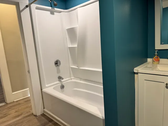 a bathroom with a sink and a shower