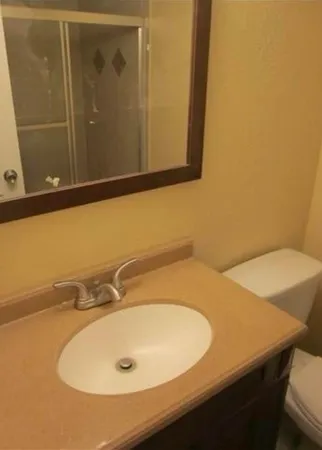 a bathroom with a sink and a mirror