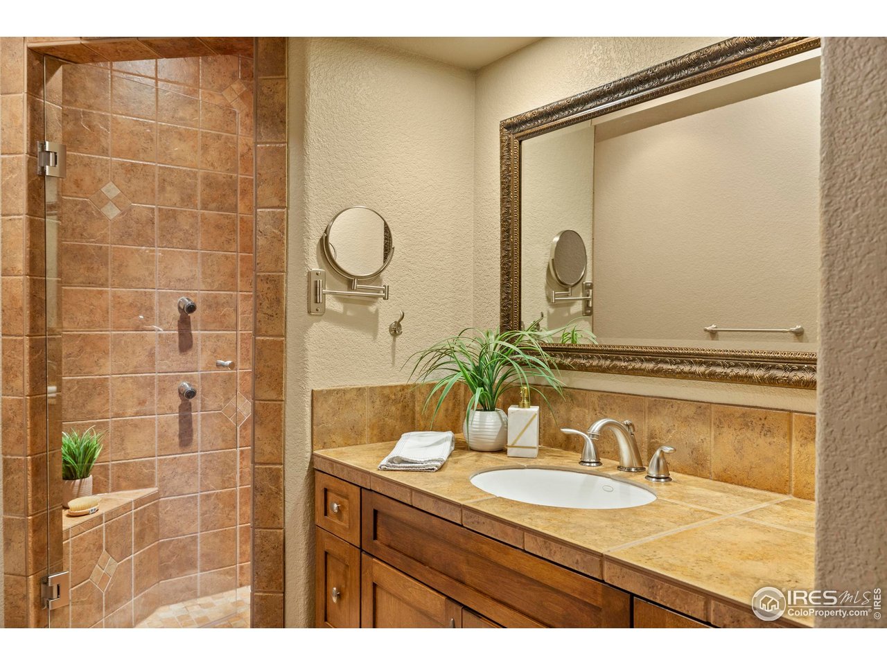 183 Red Bear Road Laporte, CO 80535 - Photo 20 of 32 a bathroom with a granite countertop sink a mirror and shower