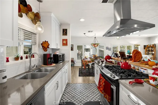 a kitchen with lots of counter top space