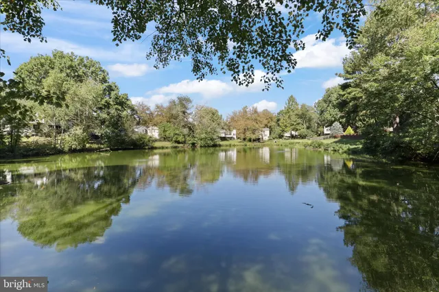 a view of a lake with houses in the back