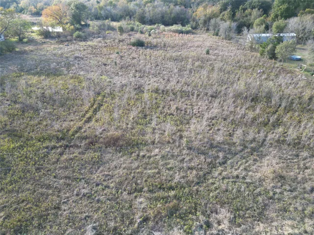 a view of a dry yard with green space