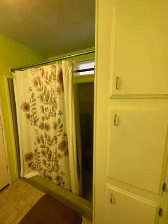a bathroom with a shower and a door