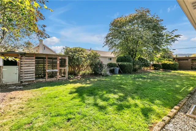 a view of a house with backyard and a tree