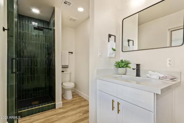 a bathroom with a shower a sink and toilet
