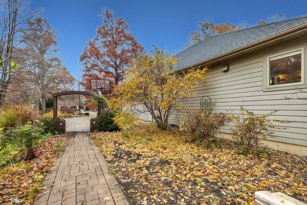 a garden with trees in front of it