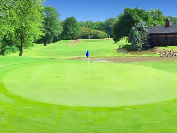 a view of a golf course with a lake