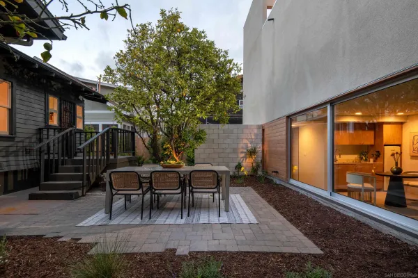 a view of a chairs and table in the patio