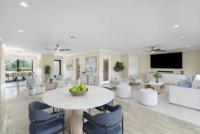 a view of a dining room with furniture