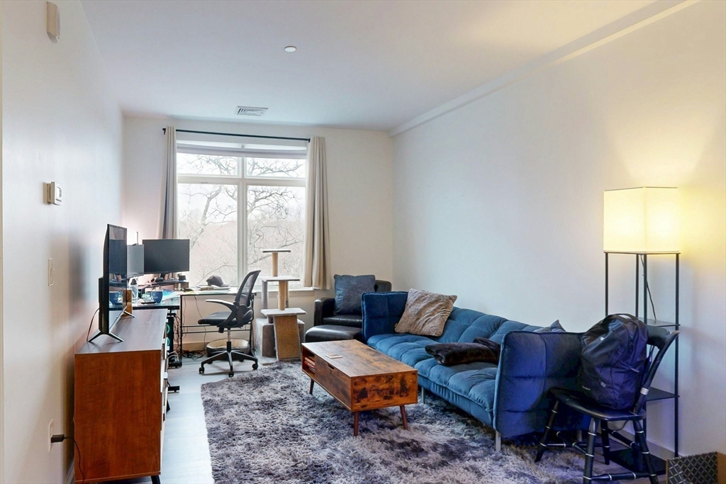 180 Telford Street, Unit 321 Boston, MA 02135 - Photo 2 of 16 a living room with furniture a lamp and a window