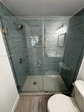 a bathroom with a shower and toilet