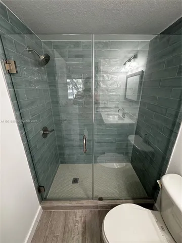 a bathroom with a shower and toilet
