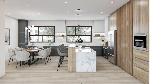 a large kitchen with a table and chairs