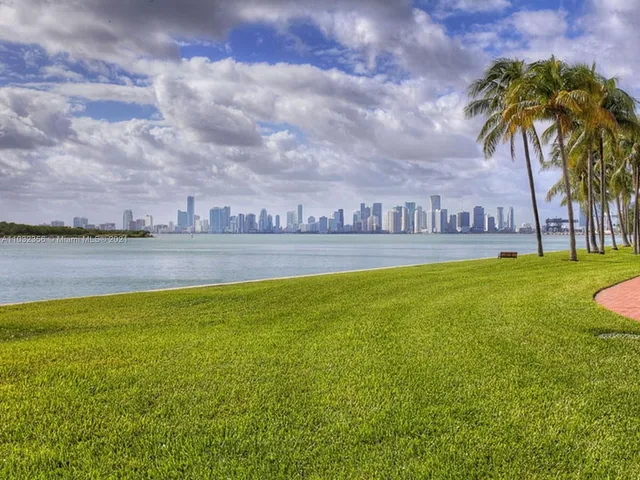 a lake with palm trees next to a lake