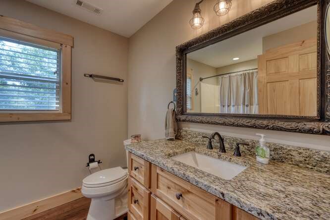 87 Harbin Court Morganton, GA 30560 - Photo 31 of 63 a bathroom with a granite countertop sink mirror and toilet
