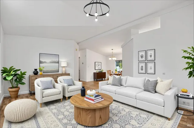 a living room with furniture potted plant and window