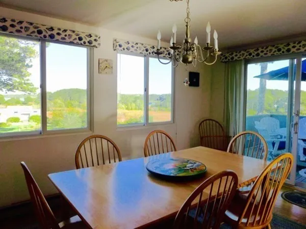 a view of a dining room with furniture window and outside view