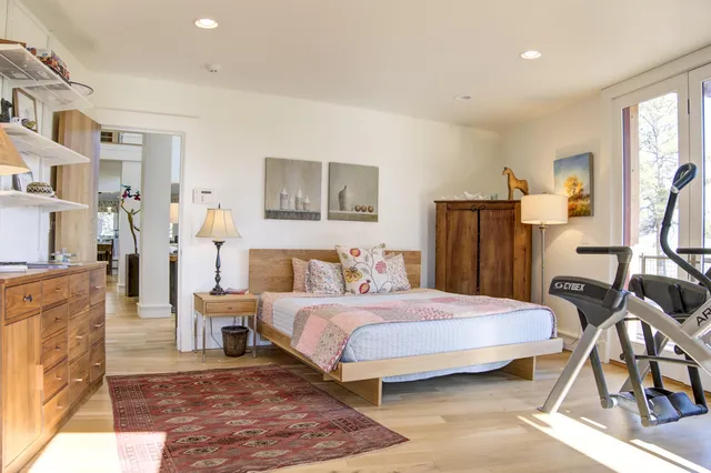 a living room with furniture and a book shelf