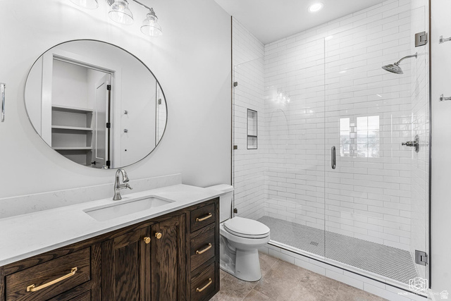 1468 South Red Cliffs Temple Lane St. George, UT 84790 - Photo 42 of 64 Bathroom with a shower stall, vanity, and recessed lighting