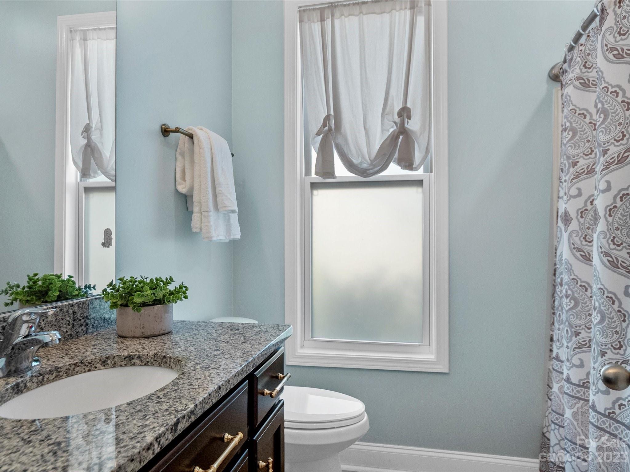 78005 Rillstone Drive Lancaster, SC 29720 - Photo 13 of 41 a bathroom with a granite countertop sink a toilet and a mirror