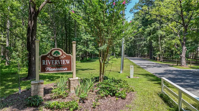 a view of a park with large trees