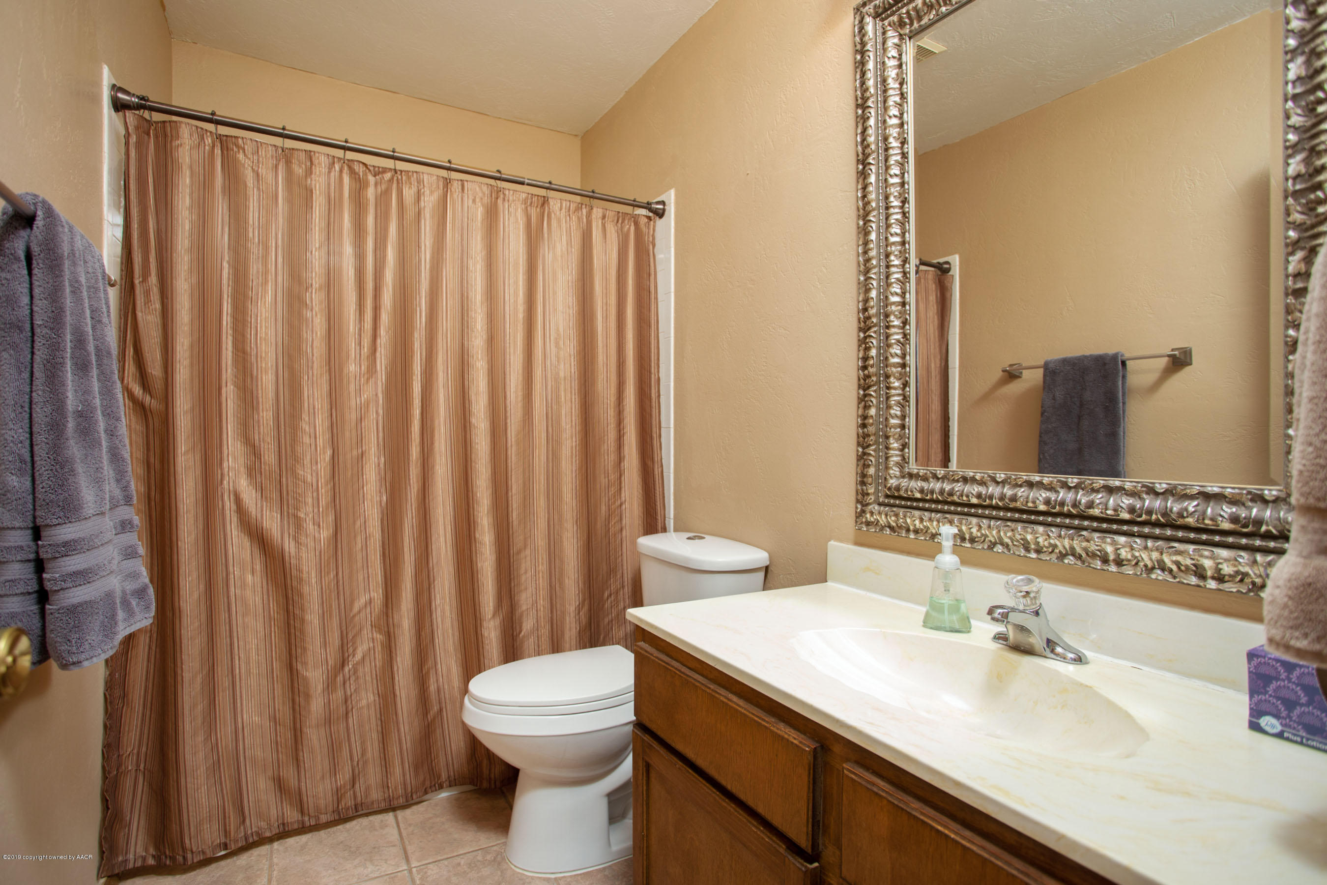 8110 Santa Fe Trail Amarillo, TX 79110 - Photo 16 of 25 a bathroom with a sink a toilet and shower curtain