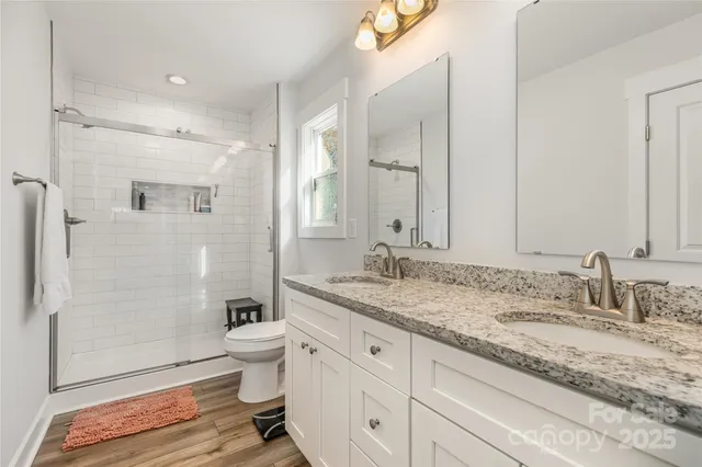 a bathroom with a granite countertop sink toilet and shower