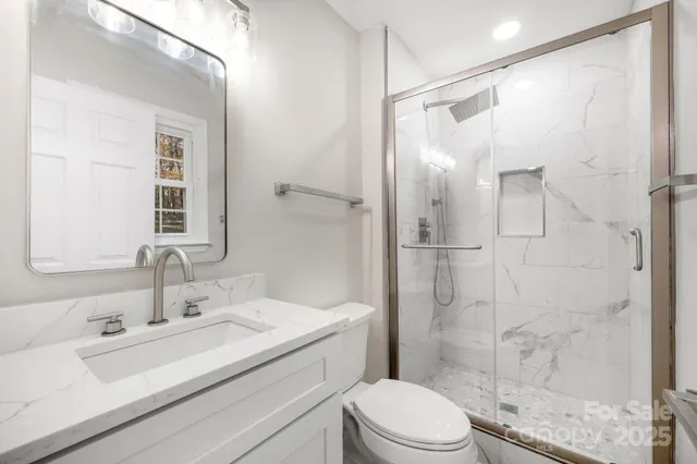 a bathroom with a sink a toilet and shower