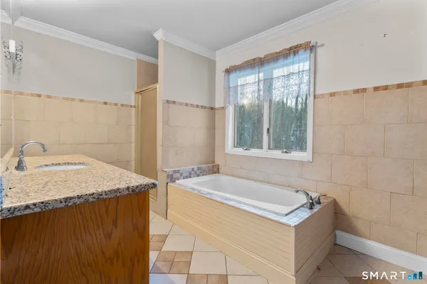 a bathroom with a granite countertop sink and a bathtub