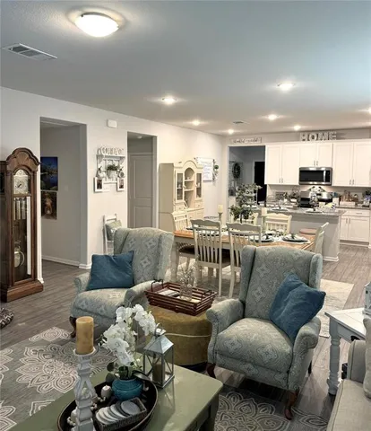 a view of a dining room with furniture