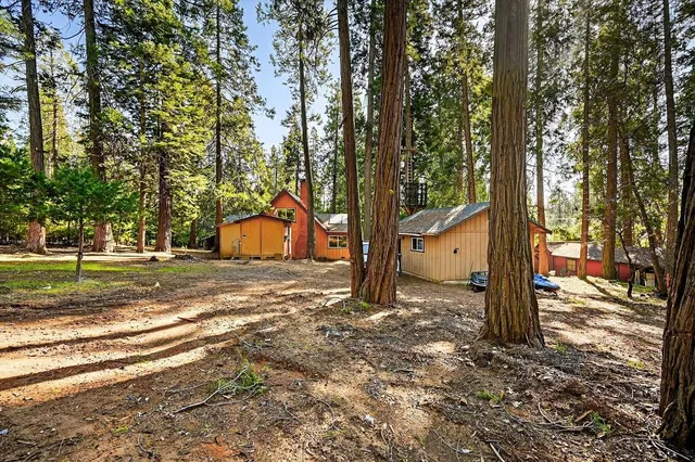 a backyard of a house with trees and outdoor seating