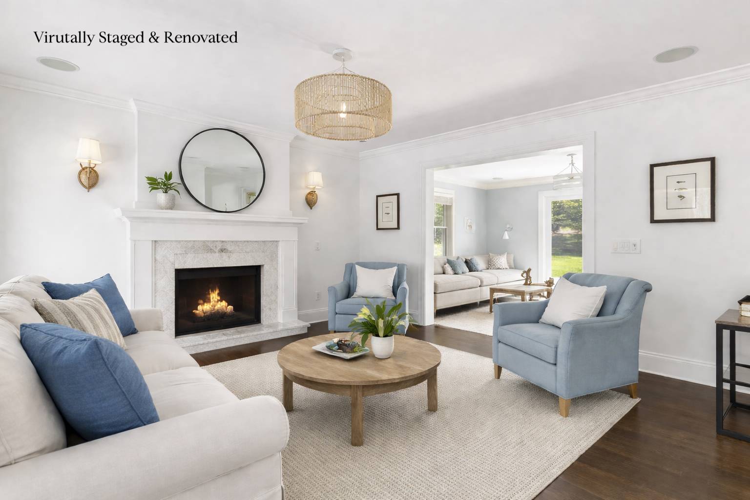 344 Accabonac Road East Hampton, NY 11937 - Photo 11 of 28 a living room with furniture a fireplace and a large mirror