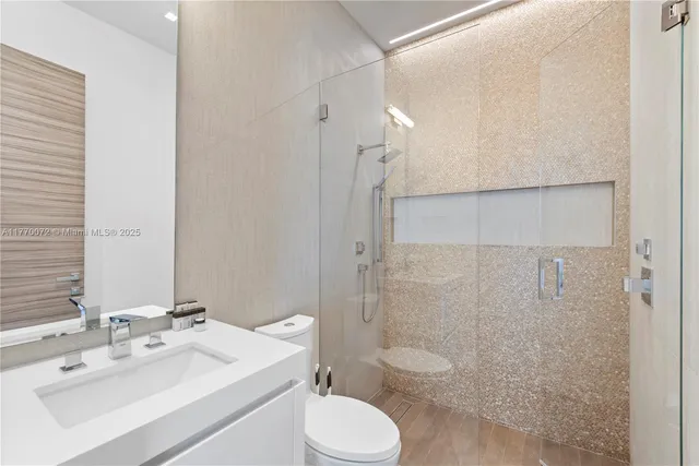 a dining area with furniture and city view