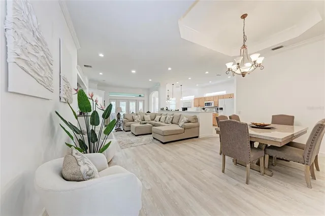 a living room with furniture potted plant and a chandelier