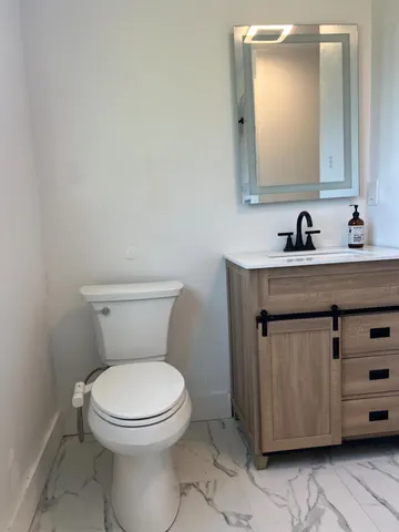 a bathroom with a toilet a sink a vanity and mirror