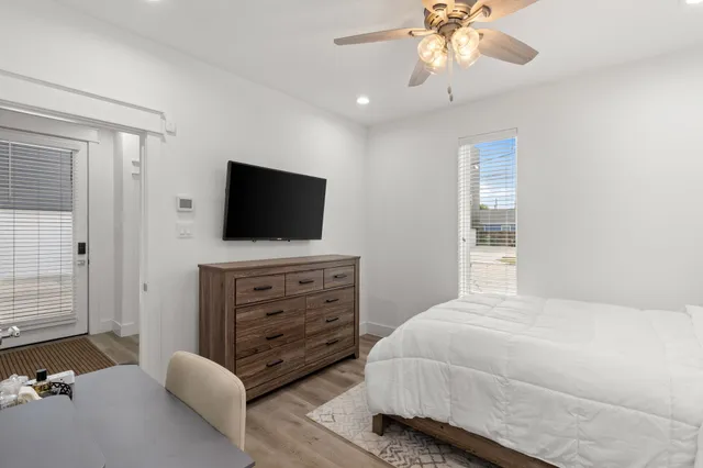 a view of dresser and mirror