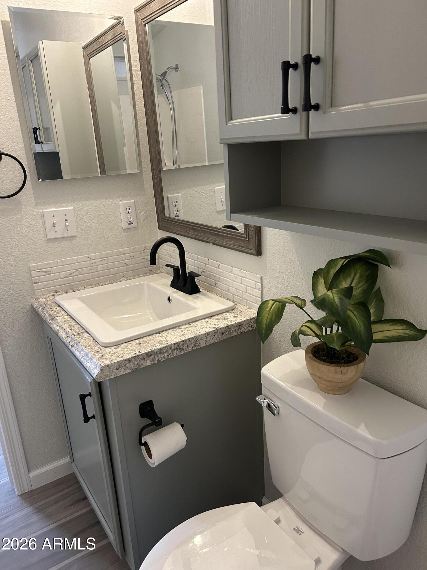 3500 South Tomahawk Road, Unit 217 Apache Junction, AZ 85119 - Photo 24 of 35 a bathroom with a granite countertop toilet sink and mirror
