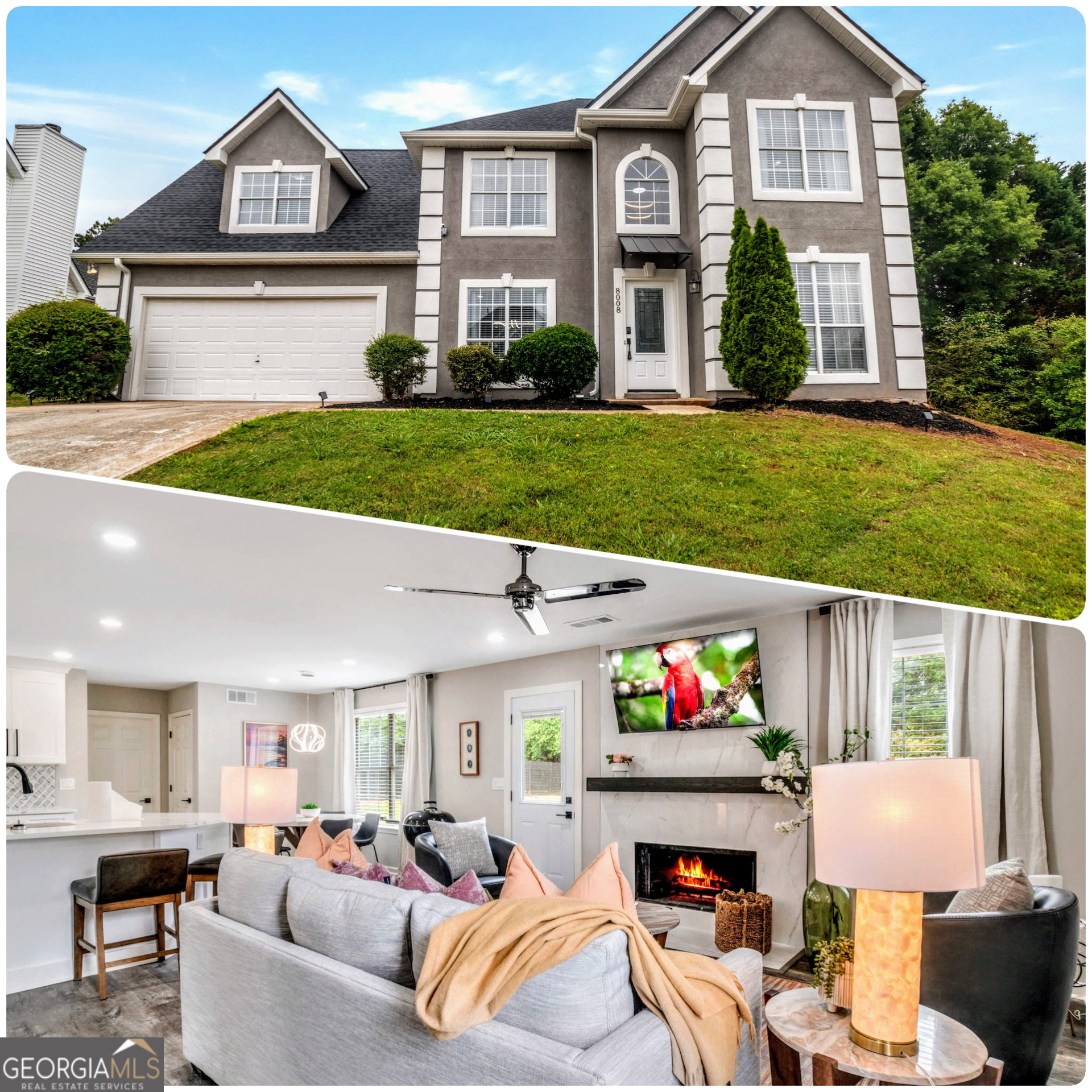 a living room with fireplace furniture and a flat screen tv